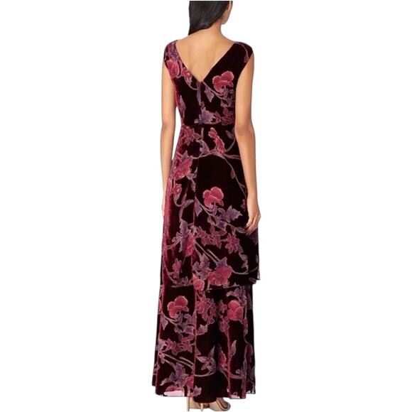 Tahari Burgundy Velvet Floral Maxi Dress Size 12 Burnout Sleeveless Gown - Picture 2 of 12